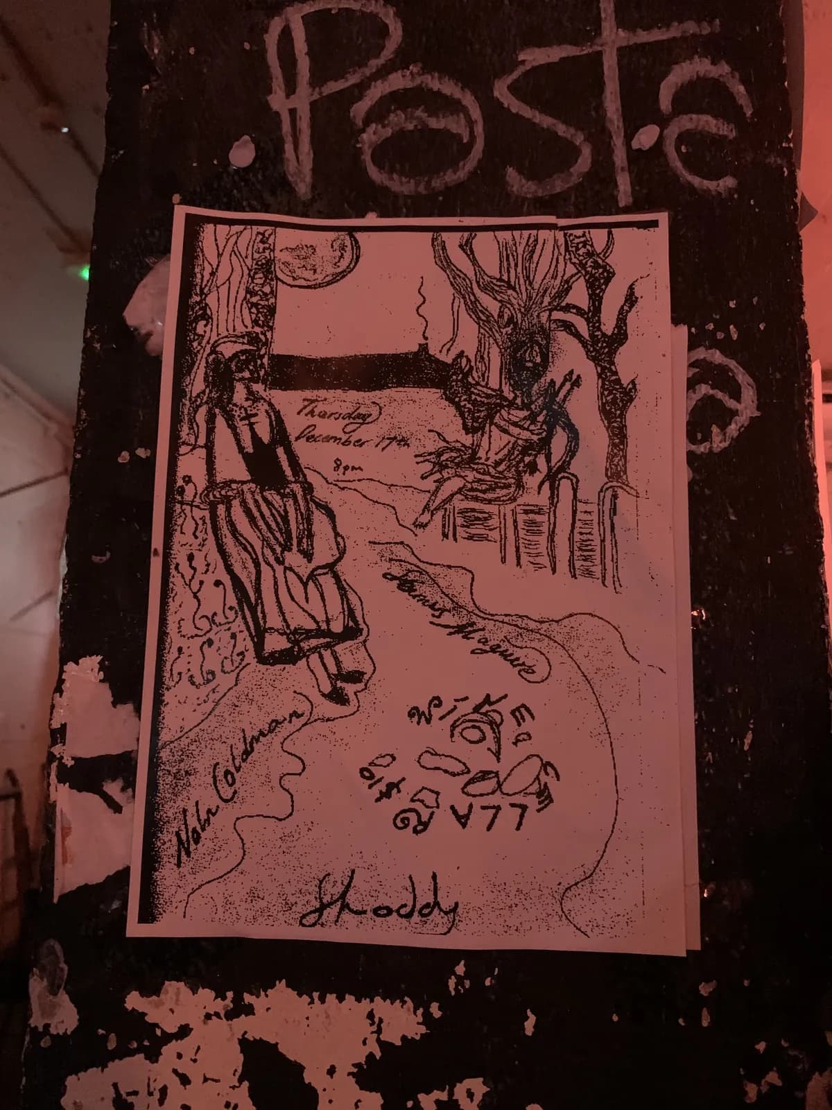 A hand-drawn concert flyer paste-pasted to a pole under red ambient light, graffiti lettering reads Pasta above it